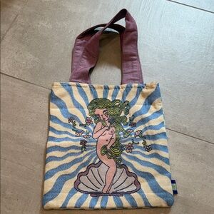 Valfre Cream & Blue Illustrated Canvas Tote with Pink Handles